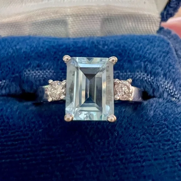 ❌SOLD❌ Vintage Aquamarine Diamond Ring Solid 14K Gold White Gold Emerald cut - Picture 1 of 17